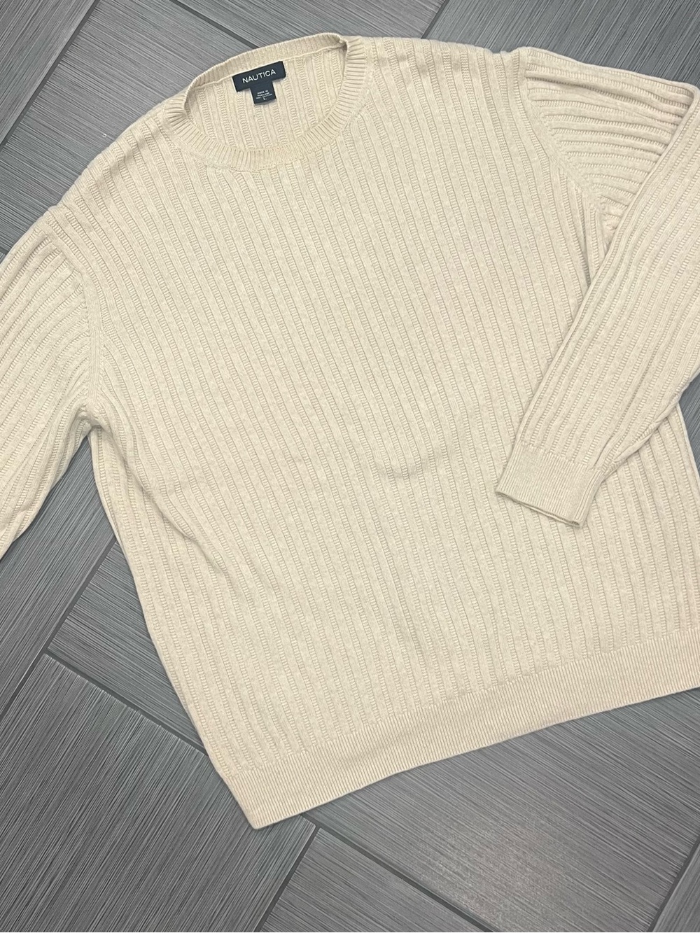 Nautica men’s 100% cotton Cream Ribbed Crewneck Sweater